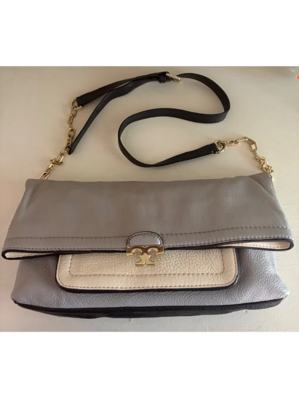 Tory Burch Fold-Over Sammy Multi-Colored Leather Crossbody Bag Gray Cream